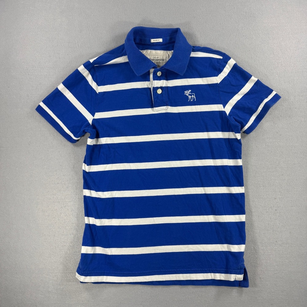 Abercrombie & Fitch Polo Shirt Men XL Blue Rugby Striped Muscle Fit Short Sleeve